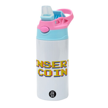 Insert coin!!!, Children's hot water bottle, stainless steel, with safety straw, Pink/BlueCiel (360ml) BPA FREE