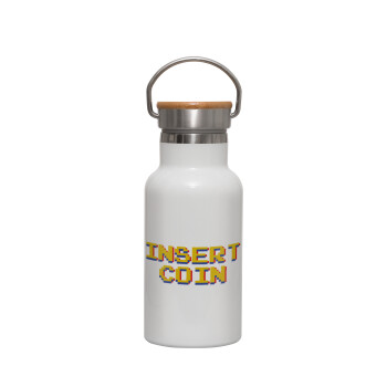 Insert coin!!!, Metallic thermos (Stainless steel) White with wooden lid (bamboo), double-walled, 350ml