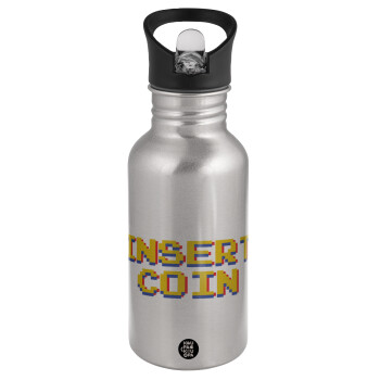 Insert coin!!!, Παγούρι νερού Ασημένιο με καλαμάκι, ανοξείδωτο ατσάλι 500ml