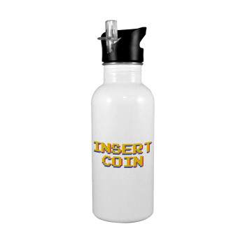 Insert coin!!!, White water bottle with straw, stainless steel 600ml