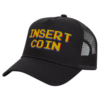 Insert coin!!!, Καπέλο Trucker με Δίχτυ, Μαύρο, (ΒΑΜΒΑΚΕΡΟ, ΠΑΙΔΙΚΟ, UNISEX, ONE SIZE)
