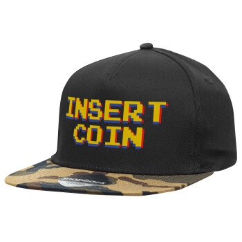 Insert coin!!!, Adult Flat Snapback Hat Black/Camouflage, (100% COTTON TWILL, ADULT, UNISEX, ONE SIZE)