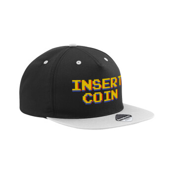 Insert coin!!!, Adult Flat Snapback Hat Black/Grey, (100% COTTON TWILL, ADULT, UNISEX, ONE SIZE)