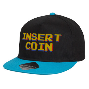 Insert coin!!!, Child's Flat Snapback Hat, Black/Blue (100% COTTON, CHILD, UNISEX, ONE SIZE)