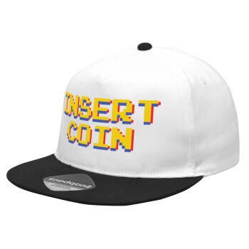 Insert coin!!!, Καπέλο Ενηλίκων Flat Snapback Λευκό/Μαύρο, (100% ΒΑΜΒΑΚΕΡΟ Twill, ΕΝΗΛΙΚΩΝ, UNISEX, ONE SIZE)