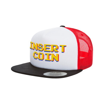 Insert coin!!!, Adult Foam Flat Snapback with Mesh Black-White-Red (POLYESTER, ADULT, UNISEX, ONE SIZE)