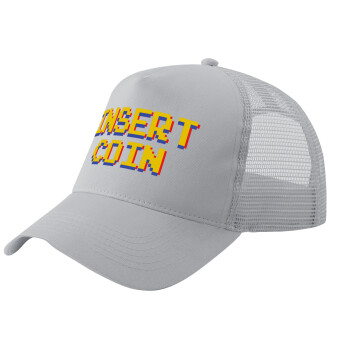 Insert coin!!!, Adult Structured Trucker Hat, with Mesh, GRAY (100% COTTON, ADULT, UNISEX, ONE SIZE)