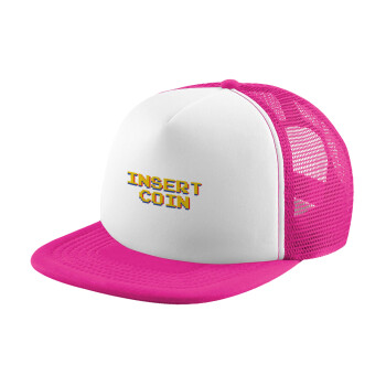 Insert coin!!!, Child's Soft Trucker Hat with Pink/White Mesh (POLYESTER, CHILD, ONE SIZE)