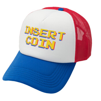 Insert coin!!!, Καπέλο Ενηλίκων Soft Trucker με Δίχτυ Red/Blue/White (POLYESTER, ΕΝΗΛΙΚΩΝ, UNISEX, ONE SIZE)