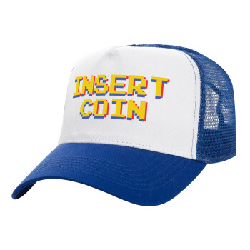 Insert coin!!!, Adult Structured Trucker Hat, with Mesh, WHITE/BLUE (100% COTTON, ADULT, UNISEX, ONE SIZE)