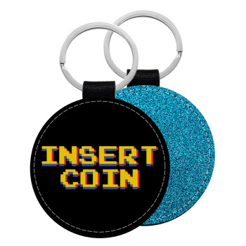 Insert coin!!!, Μπρελόκ Δερματίνη, στρογγυλό ΜΠΛΕ (5cm)