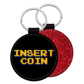 Insert coin!!!, Μπρελόκ Δερματίνη, στρογγυλό ΚΟΚΚΙΝΟ (5cm)