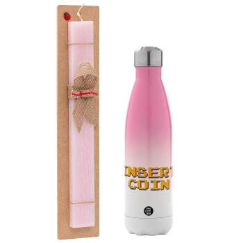 Insert coin!!!, Easter Set, Metallic pink/white (Stainless steel) thermos, double-walled, 500ml & aromatic flat Easter candle (30cm) (PINK)