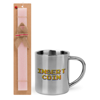 Insert coin!!!, Easter Set, metallic thermal cup (300ml) & aromatic flat Easter candle (30cm) (PINK)