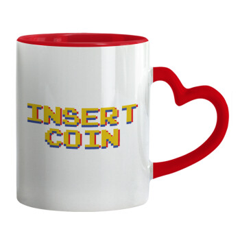 Insert coin!!!, Κούπα καρδιά χερούλι κόκκινη, κεραμική, 330ml