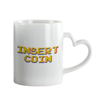 Insert coin!!!, Κούπα καρδιά χερούλι λευκή, κεραμική, 330ml