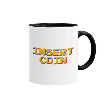 Insert coin!!!, Κούπα χρωματιστή μαύρη, κεραμική, 330ml