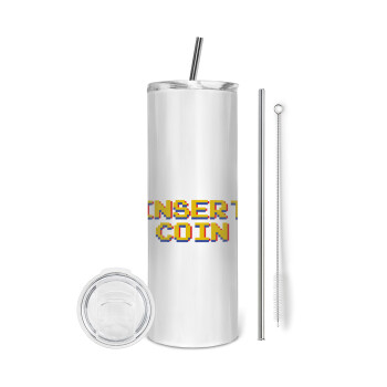 Insert coin!!!, Tumbler ποτήρι θερμό από ανοξείδωτο ατσάλι 600ml, με μεταλλικό καλαμάκι & βούρτσα καθαρισμού