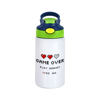 GAME OVER, Play again? YES - NO, Children's hot water bottle, stainless steel, with safety straw, green, blue (350ml)