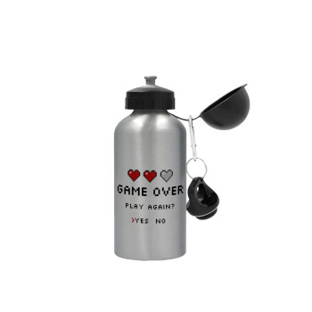 GAME OVER, Play again? YES - NO, Metallic water jug, Silver, aluminum 500ml