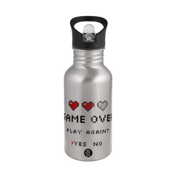 GAME OVER, Play again? YES - NO, Water bottle Silver with straw, stainless steel 500ml