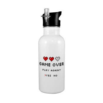 GAME OVER, Play again? YES - NO, White water bottle with straw, stainless steel 600ml