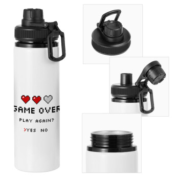 GAME OVER, Play again? YES - NO, Metal water bottle with safety cap, aluminum 850ml