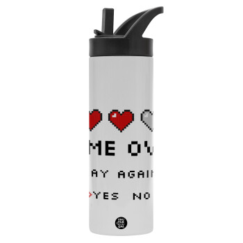 GAME OVER, Play again? YES - NO, Metallic thermos bottle with straw & handle, stainless steel (Stainless steel 304), double-walled, 600ml.