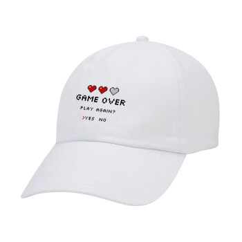 GAME OVER, Play again? YES - NO, Adult Baseball Cap White 5-panel (POLYESTER, ADULT, UNISEX, ONE SIZE)