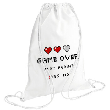 GAME OVER, Play again? YES - NO, Backpack pouch GYMBAG white (28x40cm)