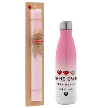 GAME OVER, Play again? YES - NO, Easter Set, Metallic pink/white (Stainless steel) thermos, double-walled, 500ml & aromatic flat Easter candle (30cm) (PINK)