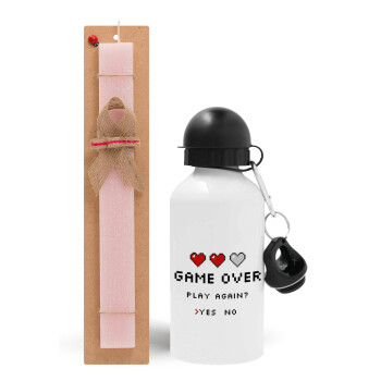 GAME OVER, Play again? YES - NO, Easter Set, metallic aluminum bottle (500ml) & aromatic flat Easter candle (30cm) (PINK)