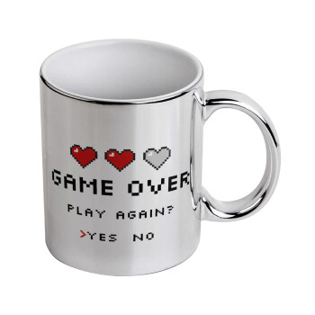 GAME OVER, Play again? YES - NO, Mug ceramic, silver mirror, 330ml