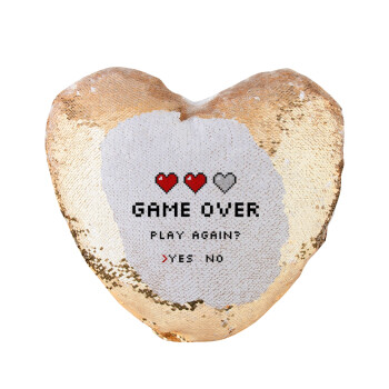 GAME OVER, Play again? YES - NO, Μαξιλάρι καναπέ καρδιά Μαγικό Χρυσό με πούλιες 40x40cm περιέχεται το  γέμισμα