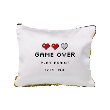 GAME OVER, Play again? YES - NO, Sequin Gold Pouch Cosmetic Bag