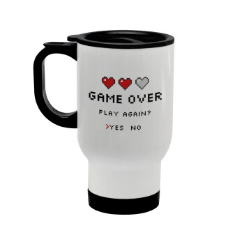GAME OVER, Play again? YES - NO, Stainless steel travel mug with lid, double wall white 450ml