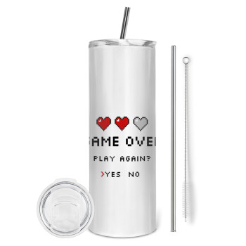 GAME OVER, Play again? YES - NO, Tumbler ποτήρι θερμό από ανοξείδωτο ατσάλι 600ml, με μεταλλικό καλαμάκι & βούρτσα καθαρισμού