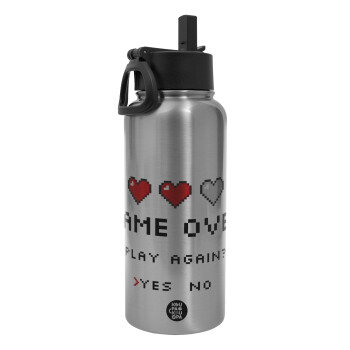 GAME OVER, Play again? YES - NO, Metal mug thermo Silver with Straw and Spout Lid (Stainless steel), double wall, 950ml