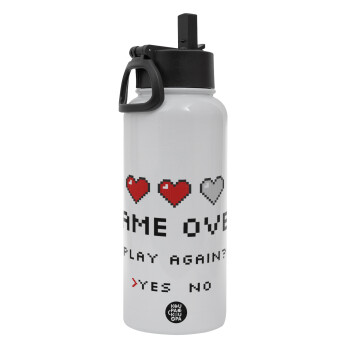 GAME OVER, Play again? YES - NO, Metal mug thermo White with Straw and Spout Lid (Stainless steel), double wall, 950ml