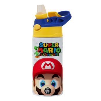 Super mario head, Children's hot water bottle, stainless steel, with safety straw, green, blue (360ml) BPA FREE