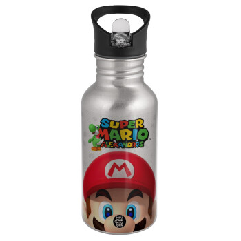 Super mario head, Water bottle Silver with straw, stainless steel 500ml