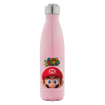 Super mario head, Metal mug thermos Pink Iridiscent (Stainless steel), double wall, 500ml