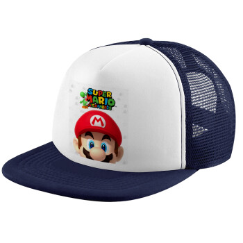 Super mario head, Adult Soft Trucker Hat with Dark Blue/White Mesh (POLYESTER, ADULT, UNISEX, ONE SIZE)