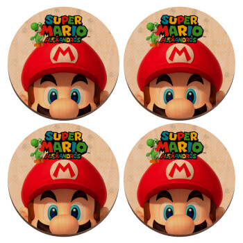 Super mario head, ΣΕΤ x4 Σουβέρ ξύλινα στρογγυλά plywood (9cm)