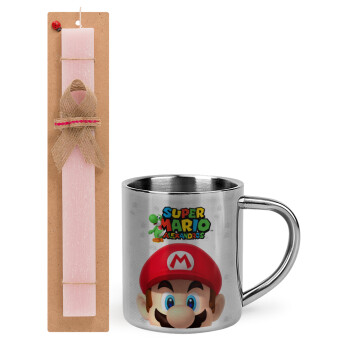 Super mario head, Πασχαλινό Σετ, μεταλλική κούπα θερμό (300ml) & πασχαλινή λαμπάδα αρωματική πλακέ (30cm) (ΡΟΖ)