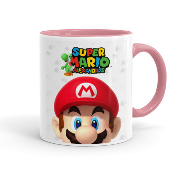 Super mario head, Κούπα χρωματιστή ροζ, κεραμική, 330ml