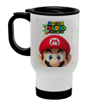 Super mario head, Stainless steel travel mug with lid, double wall white 450ml