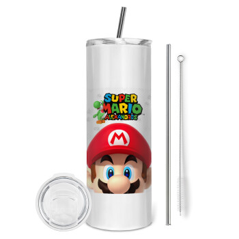 Super mario head, Tumbler ποτήρι θερμό από ανοξείδωτο ατσάλι 600ml, με μεταλλικό καλαμάκι & βούρτσα καθαρισμού