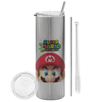Super mario head, Eco friendly stainless steel Silver tumbler 600ml, with metal straw & cleaning brush
