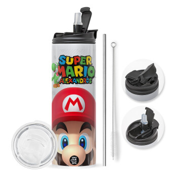 Super mario head, Travel Tumbler θερμό με διπλό καπάκι, μεταλλικό καλαμάκι και βούρτσα καθαρισμού (Ανωξείδωτο 304 Food grade, BPA free, 600ml)